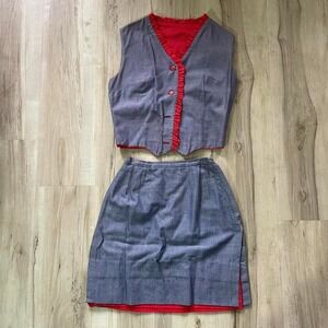 Vintage 1960s 2 piece vest & skirt set. Polka dot ruffle trim & reversible top